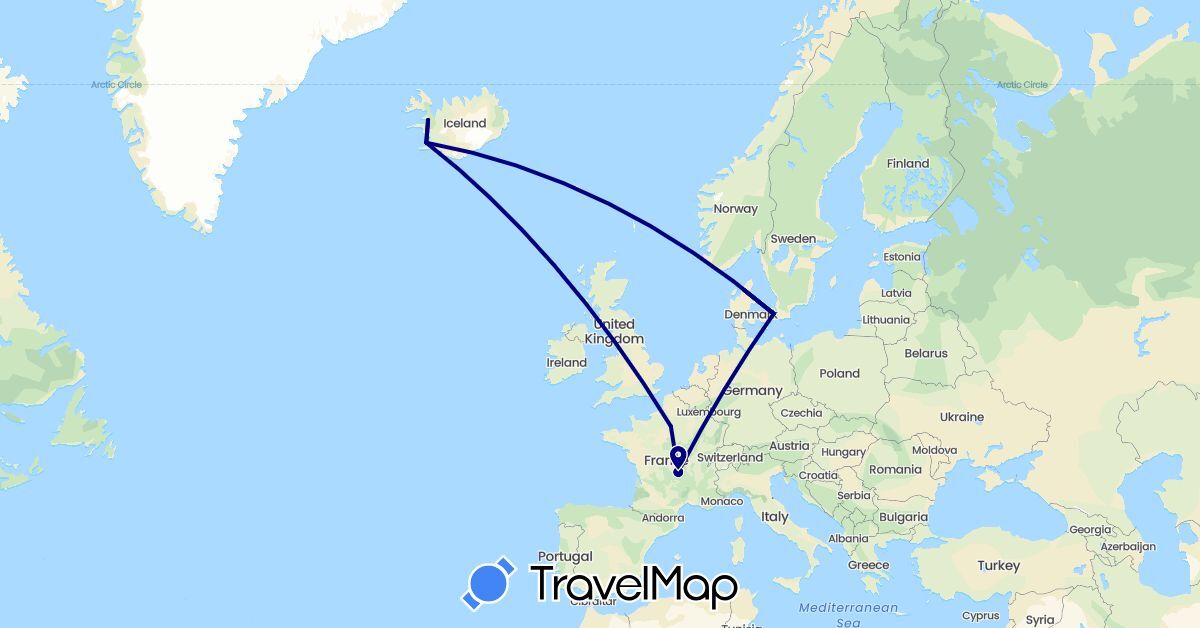 TravelMap itinerary: driving in Denmark, France, Iceland (Europe)